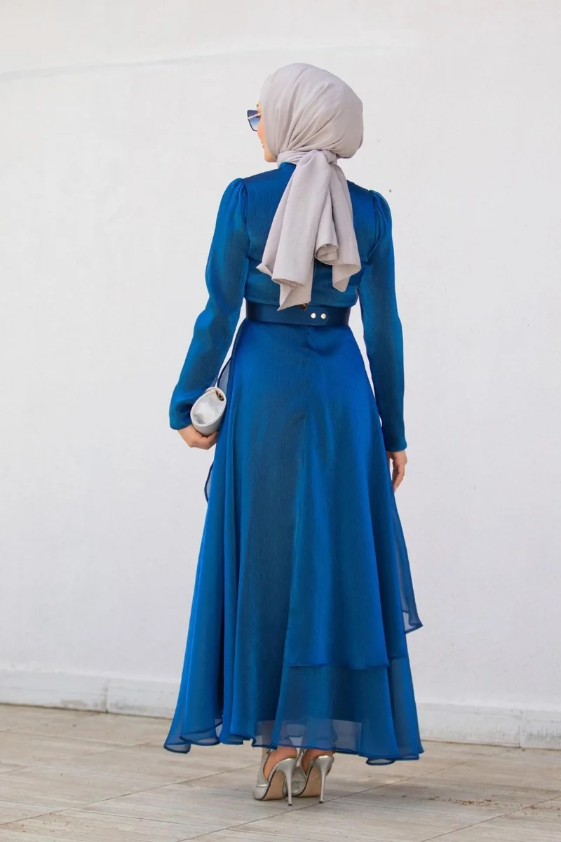 Tesettür Çarşım Modest Bazaar Stone Detailed Organza Evening Dress-Night Blue