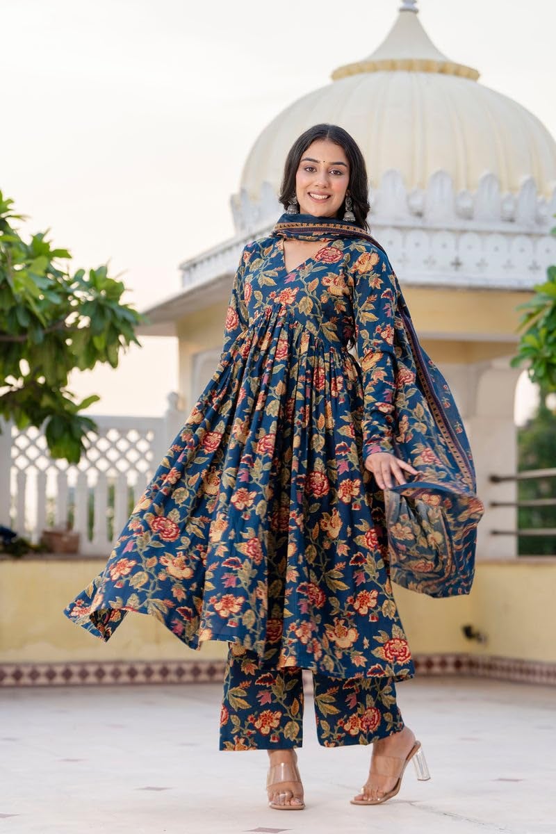 MEERA FAB Women's Cotton Blend V-Neck Anarkali Printed Kurta with Palazzo & Dupatta Blue - Image 3