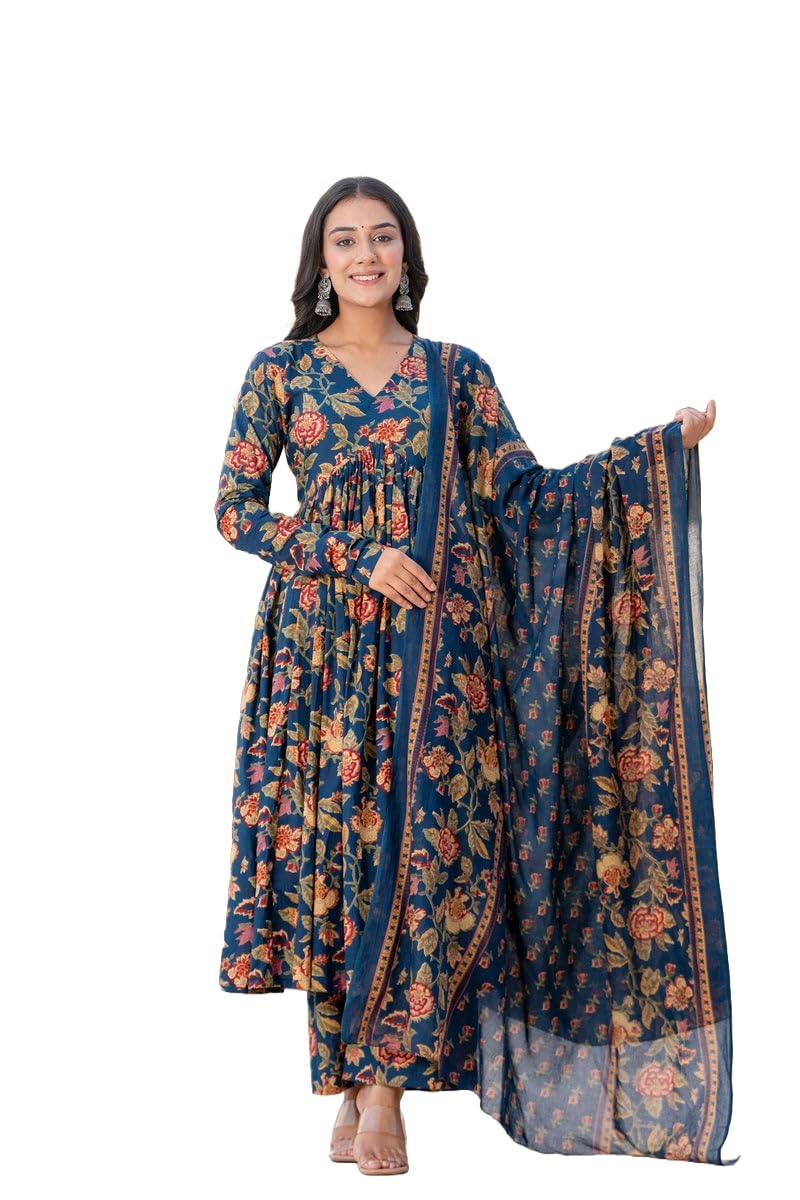 MEERA FAB Women's Cotton Blend V-Neck Anarkali Printed Kurta with Palazzo & Dupatta Blue - Image 1