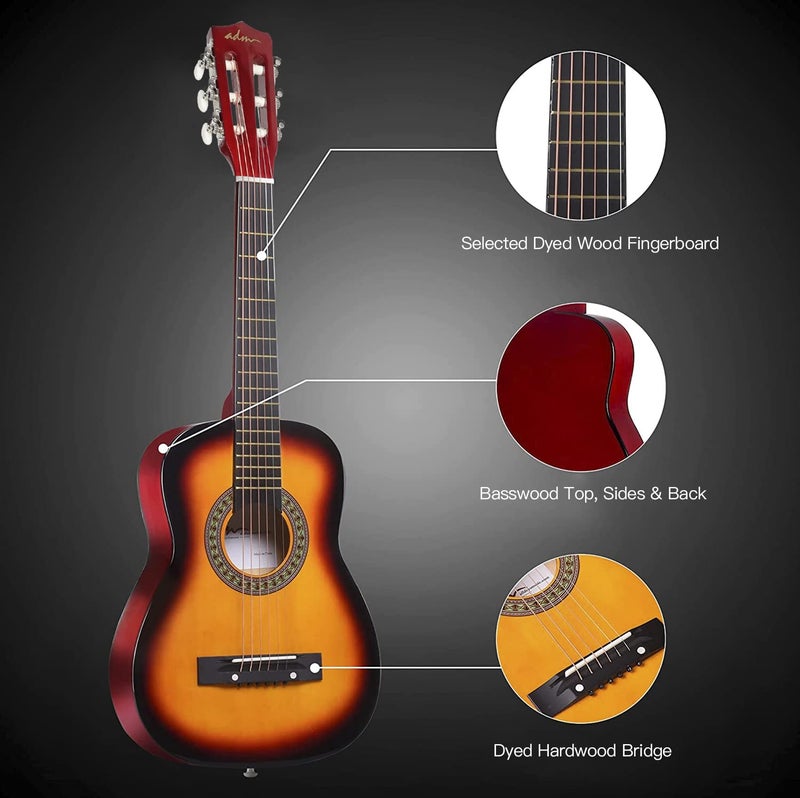 ADM Beginner Acoustic Classical Guitar 30 Inch Nylon Strings Wooden Guitar Bundle Kit for Kid Boy Girl Student Youth Guitarra Online Lessons with Gig Bag, Strap, Tuner, Extra String,Pick,Sunbrust 1 - Image 2