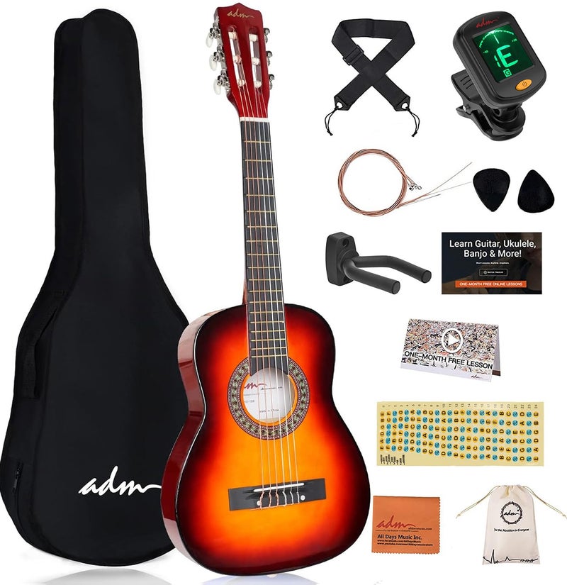 ADM Beginner Acoustic Classical Guitar 30 Inch Nylon Strings Wooden Guitar Bundle Kit for Kid Boy Girl Student Youth Guitarra Online Lessons with Gig Bag, Strap, Tuner, Extra String,Pick,Sunbrust 1 - Image 1