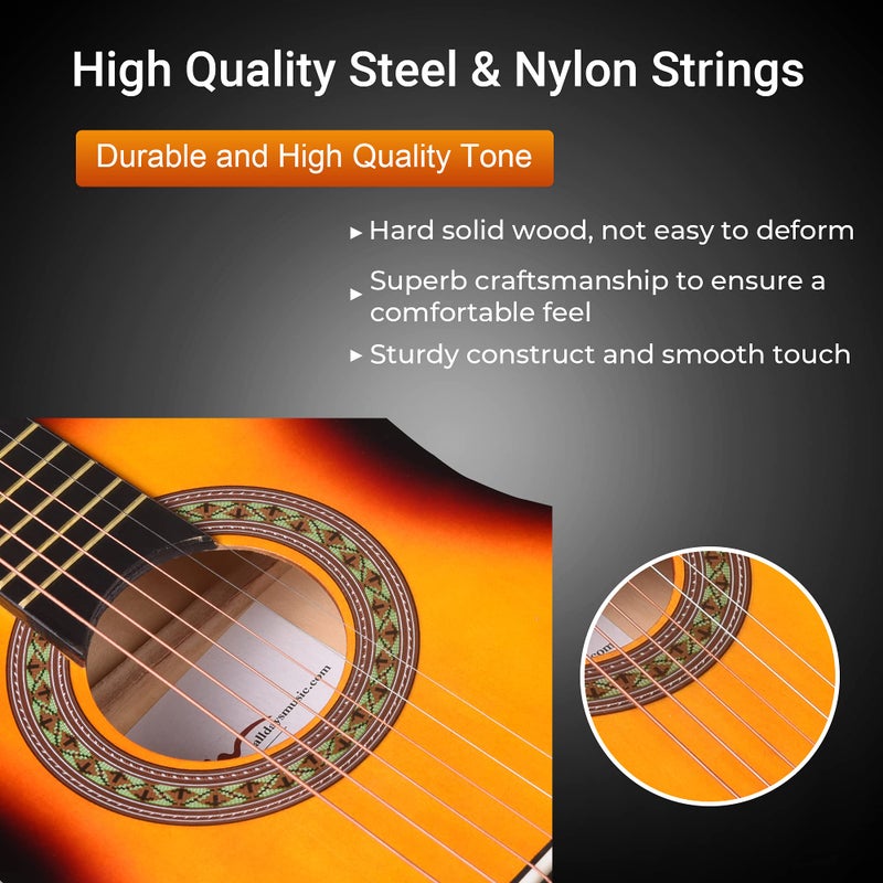 ADM Beginner Acoustic Classical Guitar 30 Inch Nylon Strings Wooden Guitar Bundle Kit for Kid Boy Girl Student Youth Guitarra Online Lessons with Gig Bag, Strap, Tuner, Extra String,Pick,Sunbrust 1 - Image 4