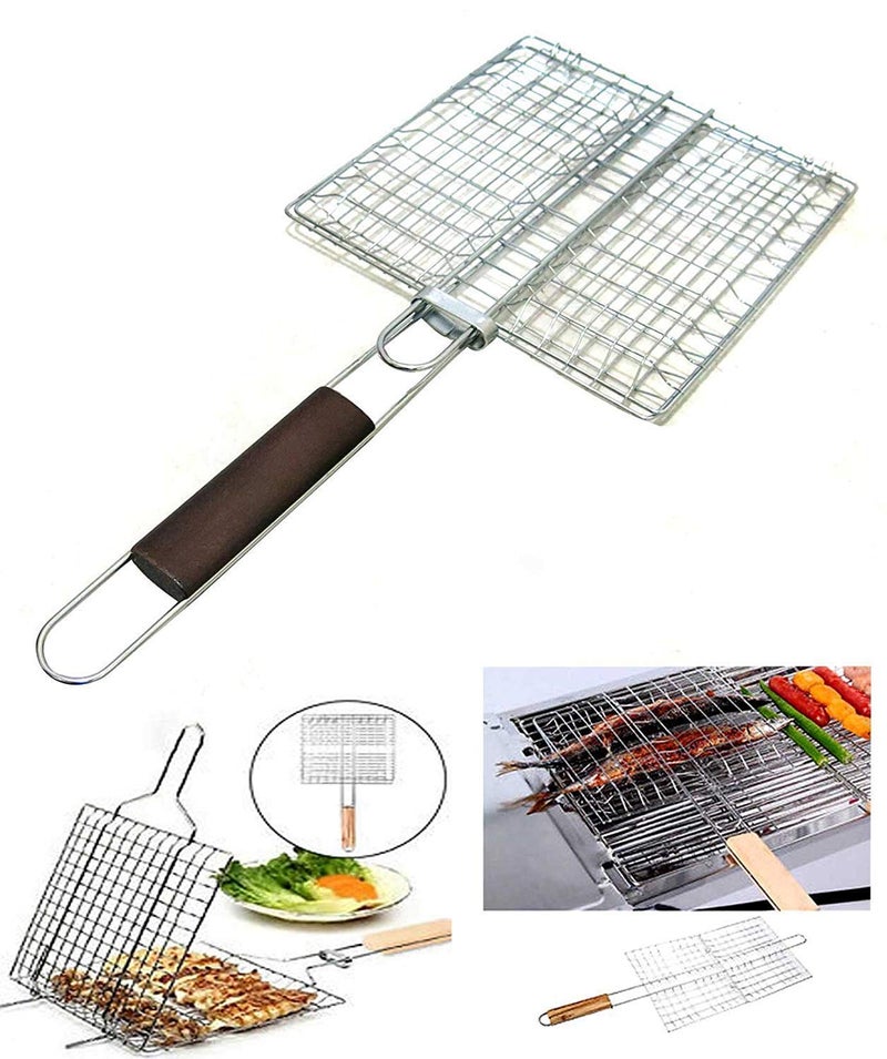 Delavala BBQ Square Wire Grill Pan Basket with Wooden Handle - Image 5