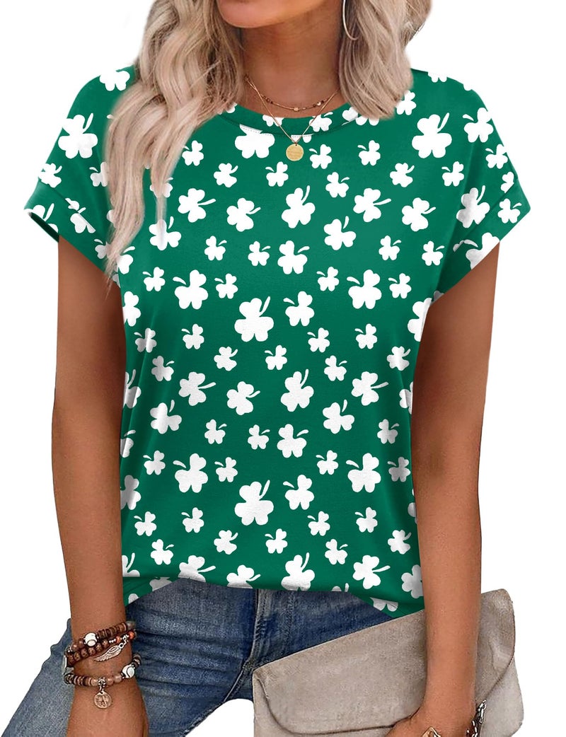 Alaroo St Patricks Day Shirt Women Tshirts Short Sleeve Casual Tops Trendy Summer Clothes Print Clover XXL - Image 1