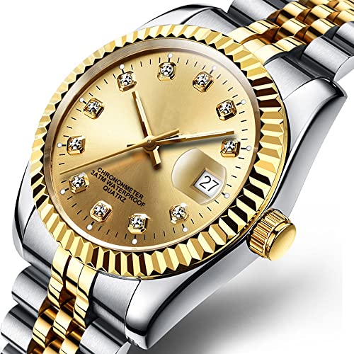 SENRUD Men's Fashion Classic Design Analog Quartz Watches Casual Business Stainless Steel Waterproof Date Wrist Watch Men (Gold Silver) - Image 2