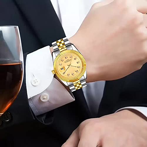 SENRUD Men's Fashion Classic Design Analog Quartz Watches Casual Business Stainless Steel Waterproof Date Wrist Watch Men (Gold Silver) - Image 3