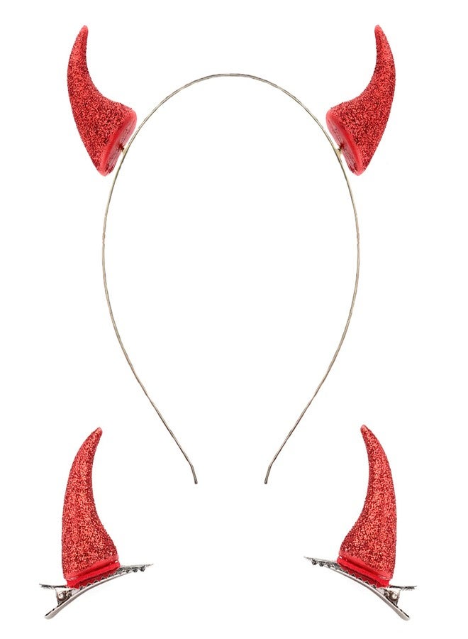 WLBON 3 Pcs Halloween Devil Horns Headband Hair Clips Red Demon Vampire Cow Ears Hair Hoops Bands Headpiece Hairband Barrettes Hair Pins Hairpins Hairclips Women Christmas Cosplay Birthday Party Accessories - Image 1