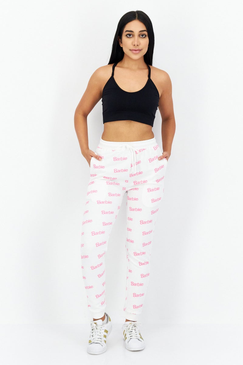 Barbie Women Drawstring Allover Print Sweatpants, White - Image 3