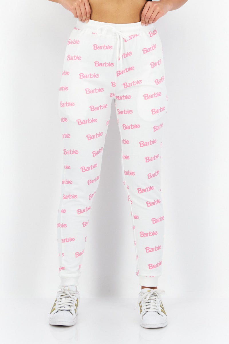 Barbie Women Drawstring Allover Print Sweatpants, White - Image 1