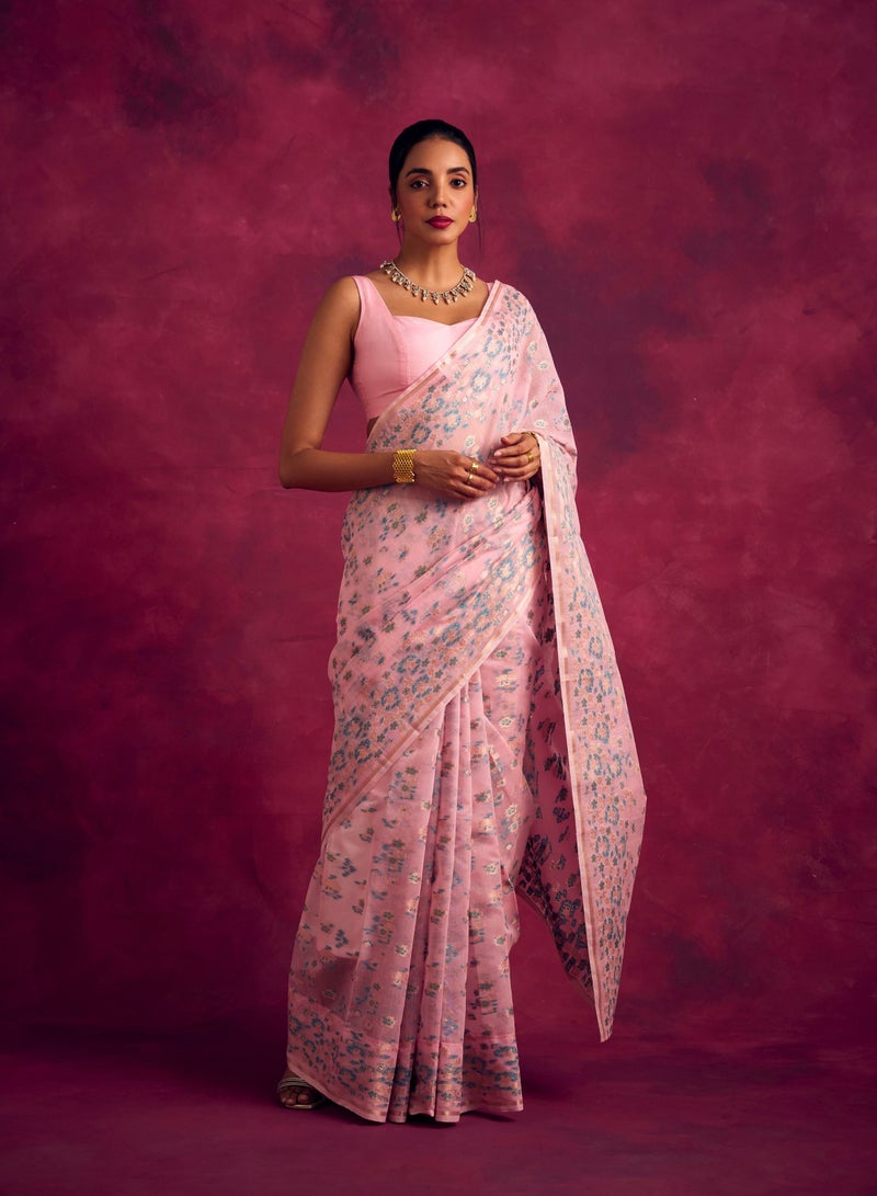 Abhishti Banarasi sakura woven zari saree-Sakura pink  - Image 1