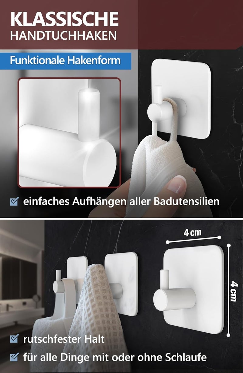 4smile Bathroom Hooks Without Drilling, Set of 6 - White Towel Hooks Bathroom Stainless as Practical Adhesive Hooks - self-Adhesive Hooks, Wall Hooks, Classic Design - Image 3