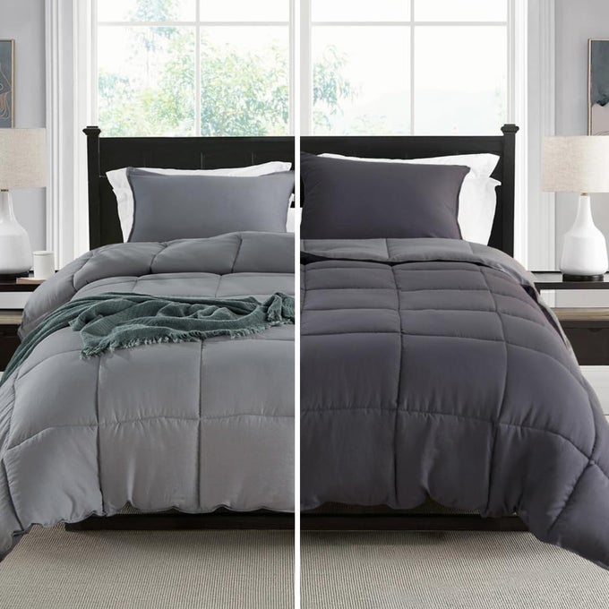 REVERSIBLE NOSHRINK KING SIZE COMFORTER SET WITH 2 SHAMS DOWN ALTERNATIVE DUVET INSERT WITH CORNER TIES LIGHTWEIGHT ULTRA SOFT MACHINE WASHABLE ALLSEASONQUARTZ SILVERPEBBLE GREY