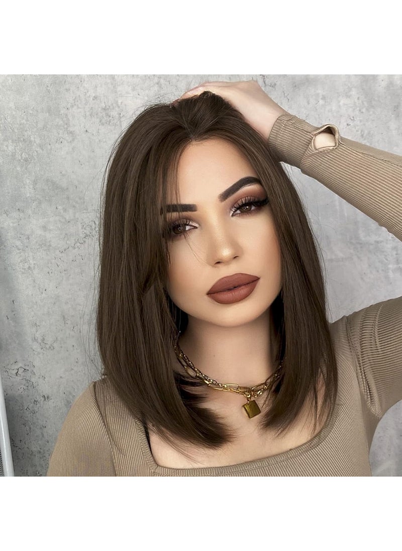7JHH WIGS - 7JHH WIGS Short Straight Bob WIG Lace Front Synthetic Shoulder Length Middle Part mix Highlight Wig for Women Daliy Party Cosplay Used (15" Brown) - Image 1