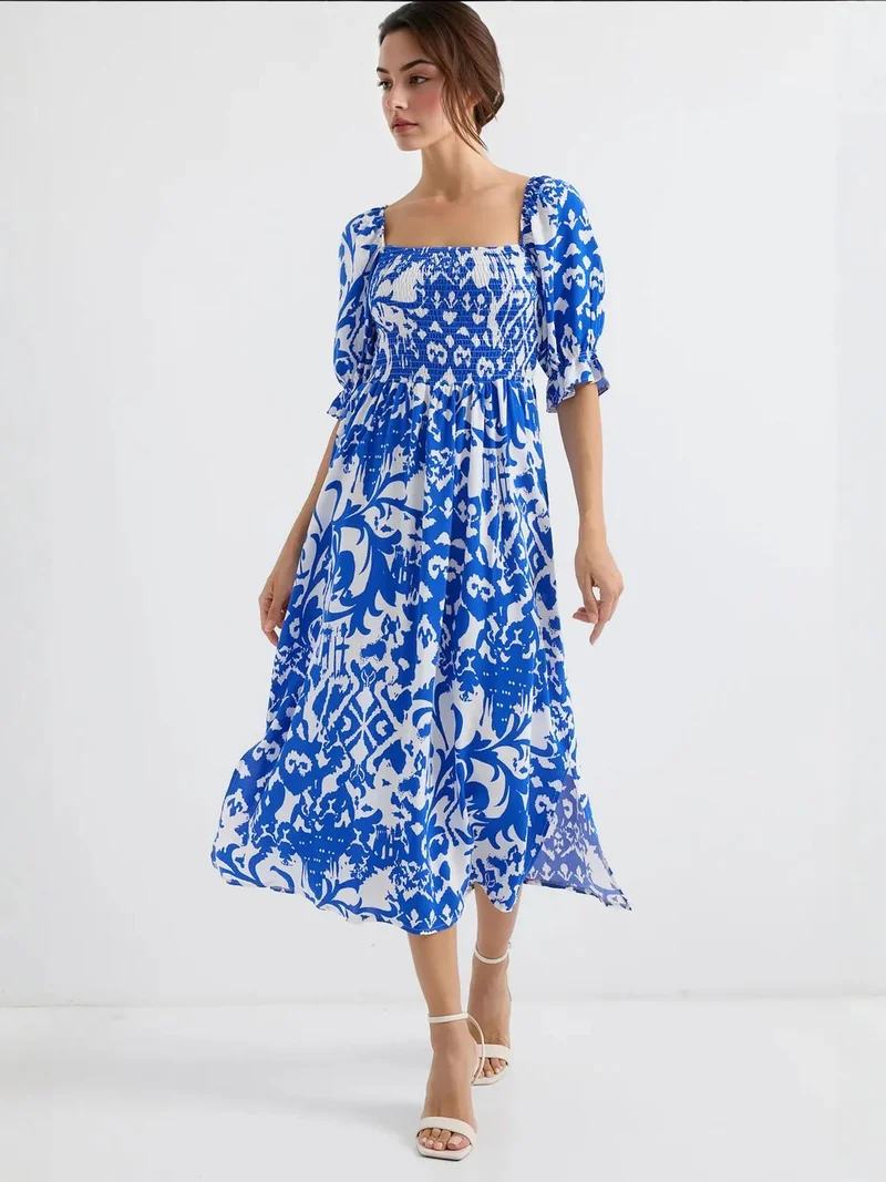 BIG DART BDART Floral Midi Dress with Square Collar and Slit