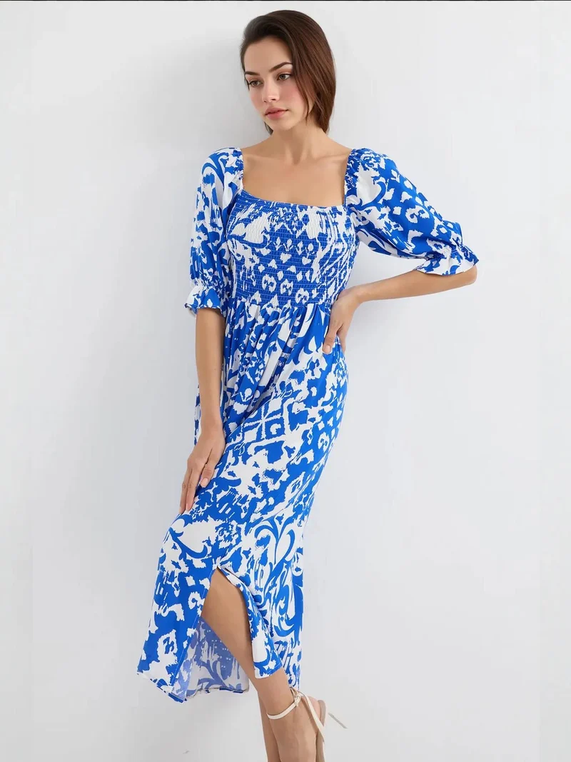 BIG DART BDART Floral Midi Dress with Square Collar and Slit