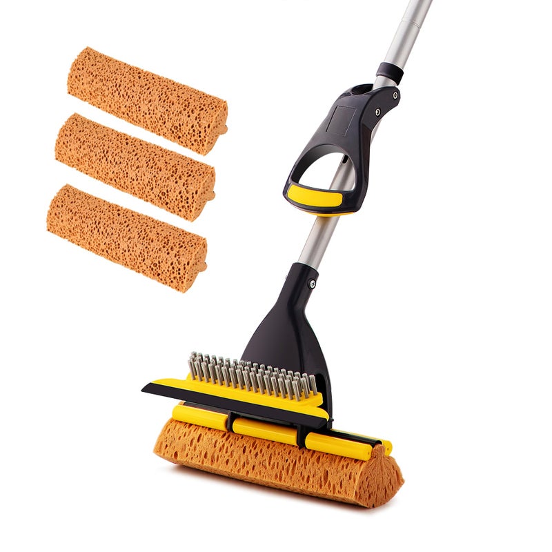 Yocada Sponge Mop Home Commercial Use Tile Floor Bathroom Garage Cleaning Total 3 Sponge Heads Squeegee and Extendable Telescopic Long Handle 425 to 52 Inches Easily Dry Wringing Only 3 Heads