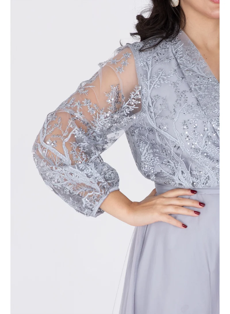 IKKXA Chiffon Layered Dress Applique Design IK1058 Grey