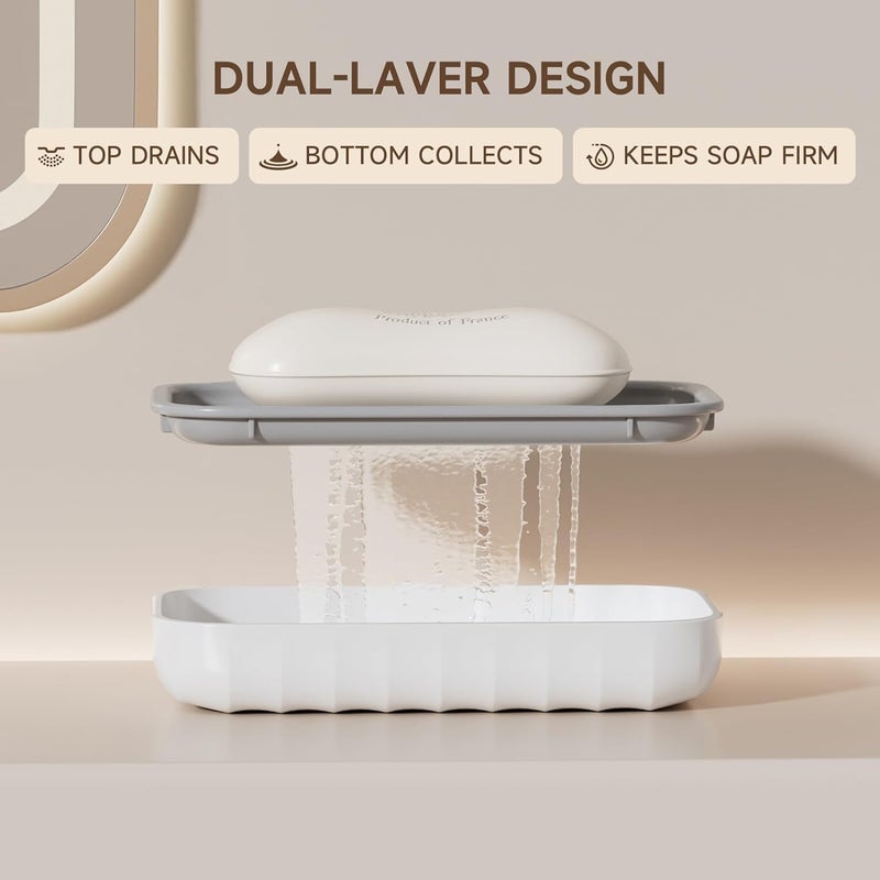 SHOTAY Large Soap Dish Holder, Soap Case with Grooves Drain, Plastic Soap Holder, Soap Bar Container, Soap Saver for Shower, Bathroom, Kitchen - White - 1pcs - Image 3