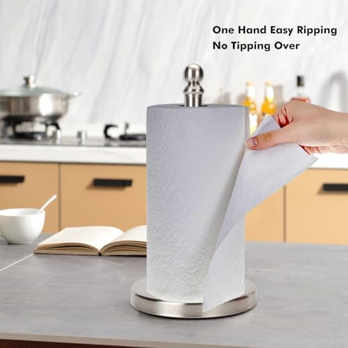 exilon Paper Towel Holder Countertop, Standing Paper Towel Roll Holder for Kitchen Bathroom, with Weighted Base for One-Handed Operation (Brushed Nickel) - Image 3