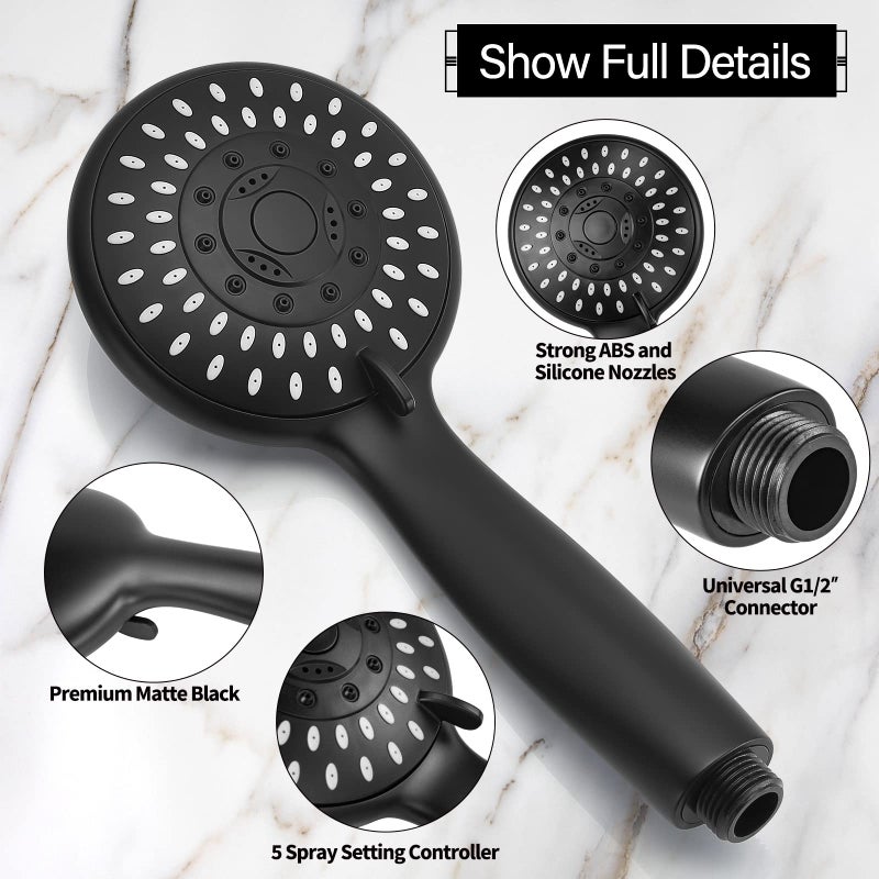 Briout Shower Head with Handheld, Briout 5-Settings Showerhead High Pressure Powerful Water Spray Shower Head with Stainless Steel Hose and Adjustable Mount, Matte Black - Image 3