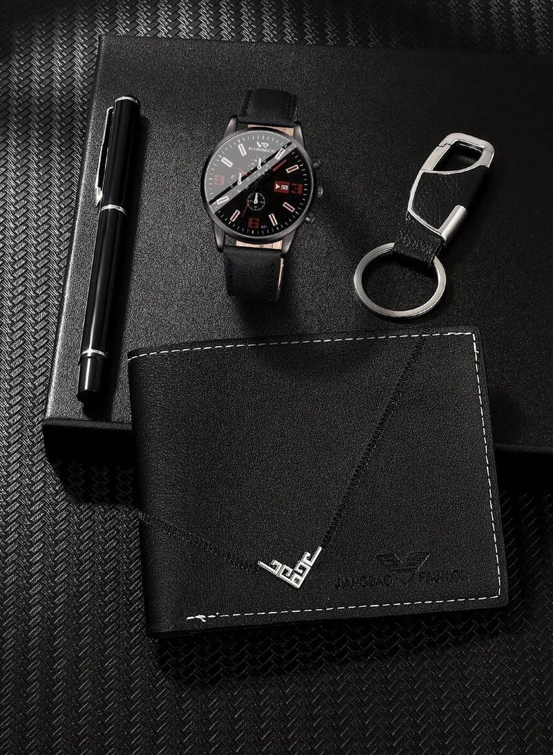 ايكونوميكسي مجموعة رجالية مكونة من ساعة رجالية كوارتز وقلم توقيع وسلسلة مفاتيح ومحفظة، هدية رائعة للرجال (4 قطع) - Image 1