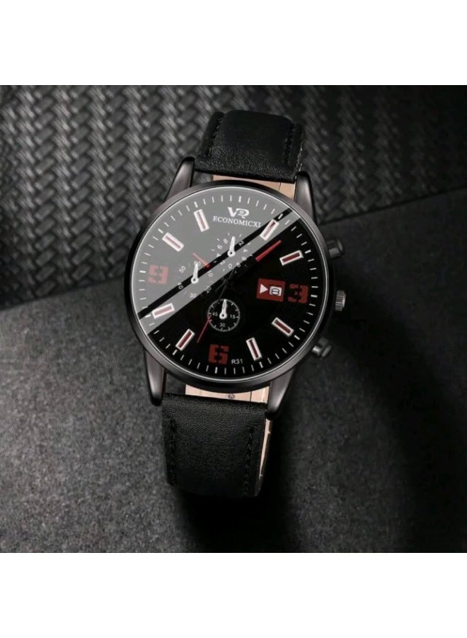 ايكونوميكسي مجموعة رجالية مكونة من ساعة رجالية كوارتز وقلم توقيع وسلسلة مفاتيح ومحفظة، هدية رائعة للرجال (4 قطع) - Image 3