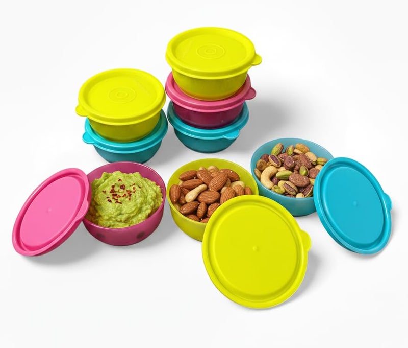 c s m C.S.M Round Plastic Storage Containers, 100ml, Set of 8, BPA Free, Airtight Kitchen Organiser for Spices, Chutneys, Dips, Pickle, Multicolour - Image 1