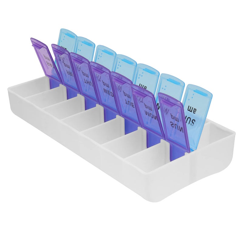 Premium Weekly Pill Organizer & 14-Compartment Medicine Case - Advanced AM/PM 7-Day Medication Tracker - Durable Portable Vitamin Holder with Translucent Purple & Sky Blue Snap-Lids (Ergonomic White Base) - Manual Personal Health & Wellness Asset Management Template