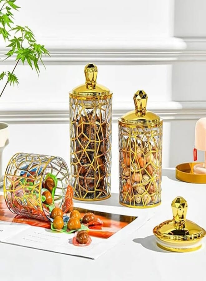 Generic Decorative Glass Storage Jars Set, Gold Geometric Pattern, 3-Piece Acrylic Candy Container Set .lo