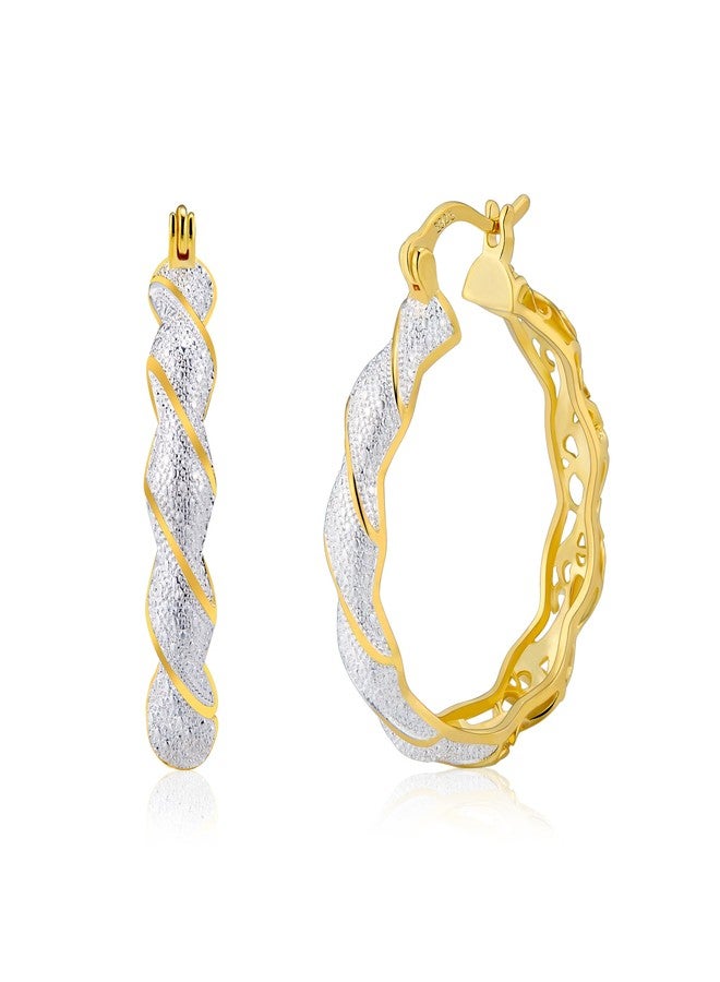 أليكس كرافت أقراط حلقية مزدوجة الجوانب من الفضة الإسترليني عيار 925 للنساء، مزينة بنقوش زهرية من الذهب عيار 18 قيراطًا ونقاط فضية، مضادة للحساسية، أنيقة - Image 1