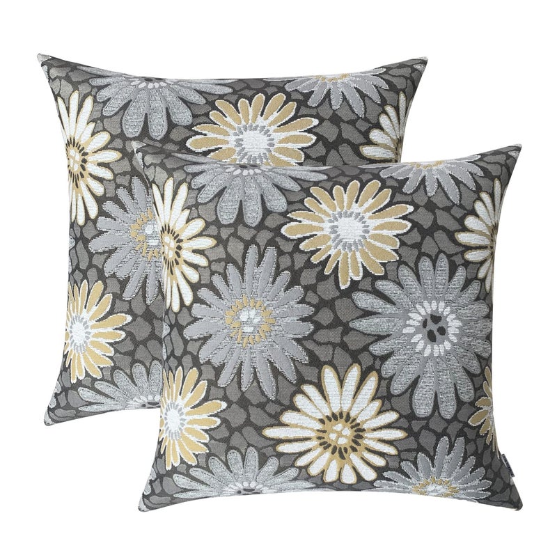 ROMANDECO Jacquard Floral Decorative Throw Pillow Covers for Couch Set of 2 18x18 Inches Grey