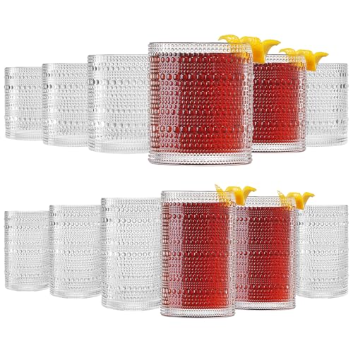 Khen Plastic Hobnail Drinking Glasses Set of 12 Clear Color Cups 6x 10oz Lowball & 6x 1oz Highball Acrylic Beaded Design, BPA-Free, Dishwasher Safe Indoor/Outdoor Drinkware Water, Juice, Cocktails - Image 1