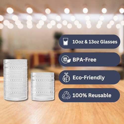 Khen Plastic Hobnail Drinking Glasses Set of 12 Clear Color Cups 6x 10oz Lowball & 6x 1oz Highball Acrylic Beaded Design, BPA-Free, Dishwasher Safe Indoor/Outdoor Drinkware Water, Juice, Cocktails - Image 3
