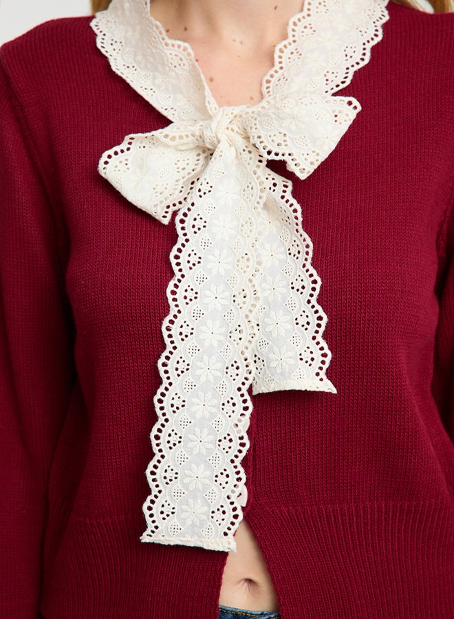 trendyol Burgundy Crop Lace Garnish Color Block Knitwear Cardigan - Image 4