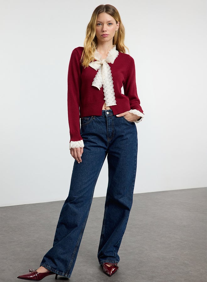 trendyol Burgundy Crop Lace Garnish Color Block Knitwear Cardigan - Image 2