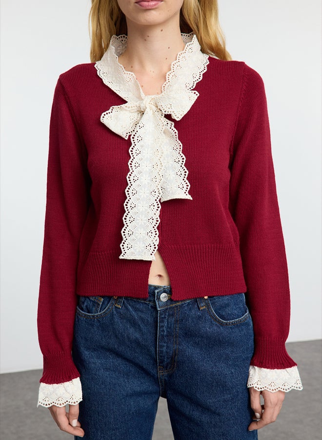 trendyol Burgundy Crop Lace Garnish Color Block Knitwear Cardigan - Image 3