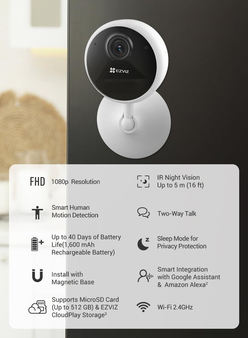 EZVIZ CB1 Indoor Security Camera, 1080p Home Battery Camera with IR Night Vision, Two Way Talk, Adjustable Magnetic Stand, Sleep Mode, Human Motion Detection, Works with Alexa, Supports MicroSD Card - Image 2