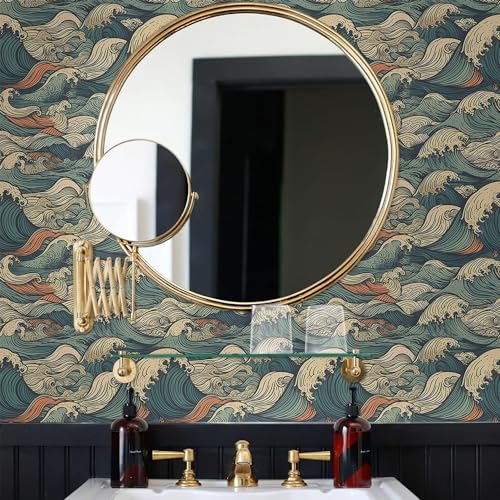 MuralPeel Vinatge Janpanese Sea Wave Blue/Yellow Mosaic Peel and Stick Wallpaper Self Adhesive - Image 4