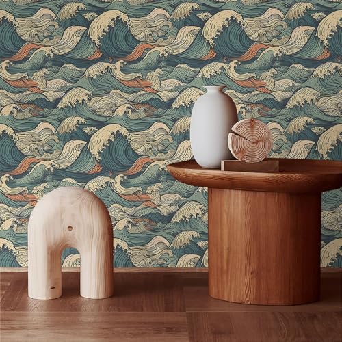 MuralPeel Vinatge Janpanese Sea Wave Blue/Yellow Mosaic Peel and Stick Wallpaper Self Adhesive - Image 3
