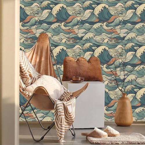 MuralPeel Vinatge Janpanese Sea Wave Blue/Yellow Mosaic Peel and Stick Wallpaper Self Adhesive - Image 2