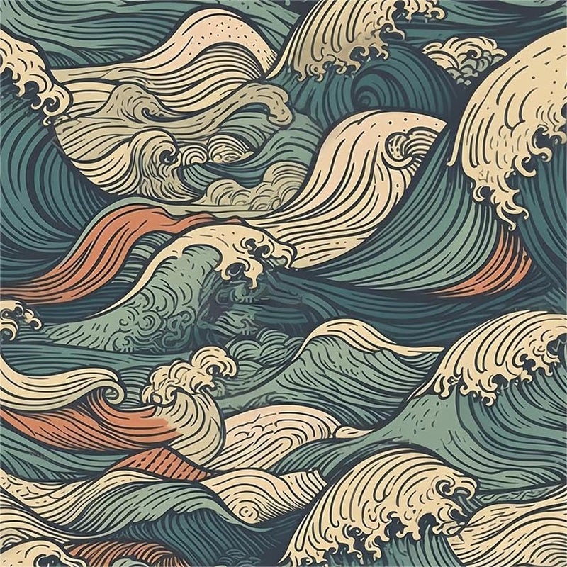 MuralPeel Vinatge Janpanese Sea Wave Blue/Yellow Mosaic Peel and Stick Wallpaper Self Adhesive - Image 1