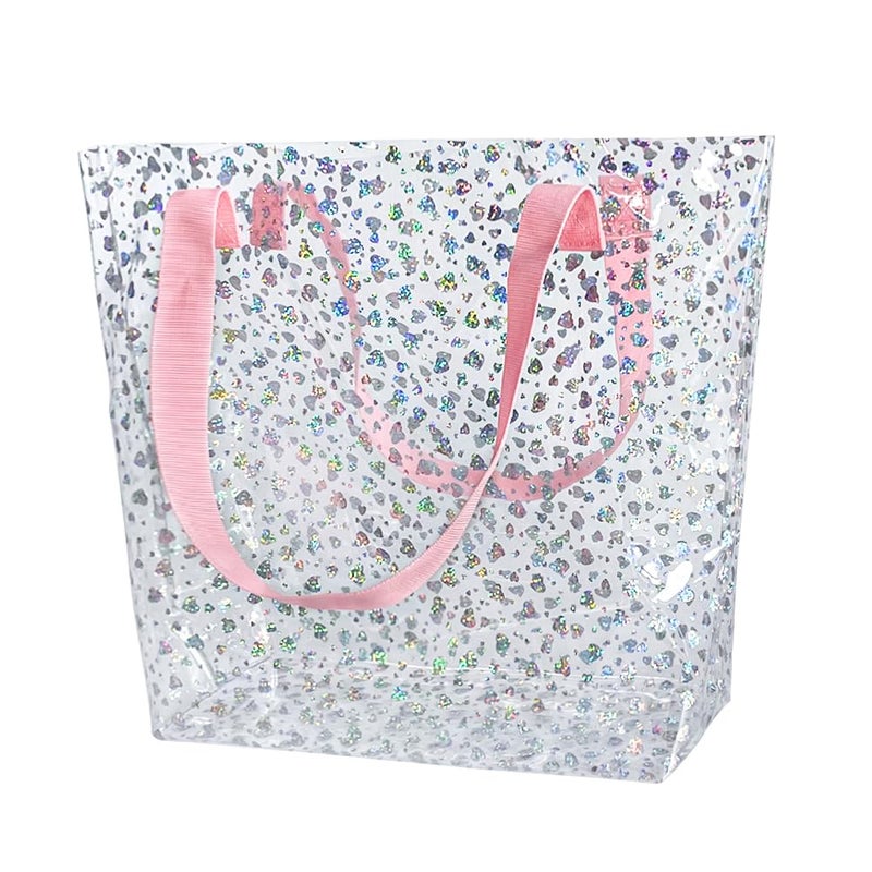 TotePrint Holographic Heart Clear Tote Bag, Waterproof Beach Bag with Pink Handles, Large 11.8"x12.2"x4.3", TSA Compliant (B090-D2045-9(8517-3)) - Image 1