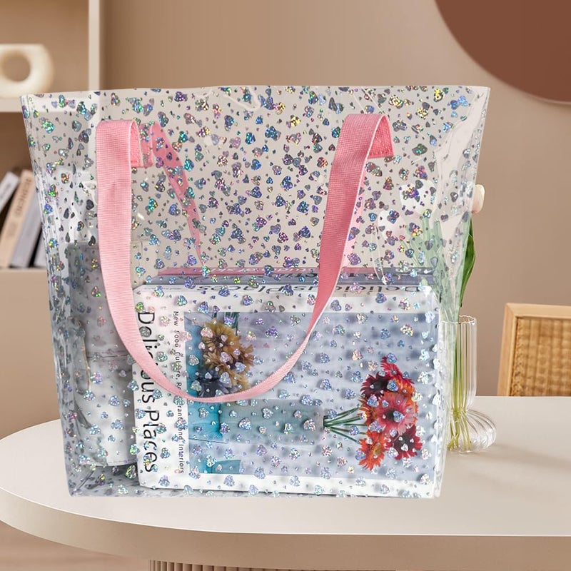 TotePrint Holographic Heart Clear Tote Bag, Waterproof Beach Bag with Pink Handles, Large 11.8"x12.2"x4.3", TSA Compliant (B090-D2045-9(8517-3)) - Image 2