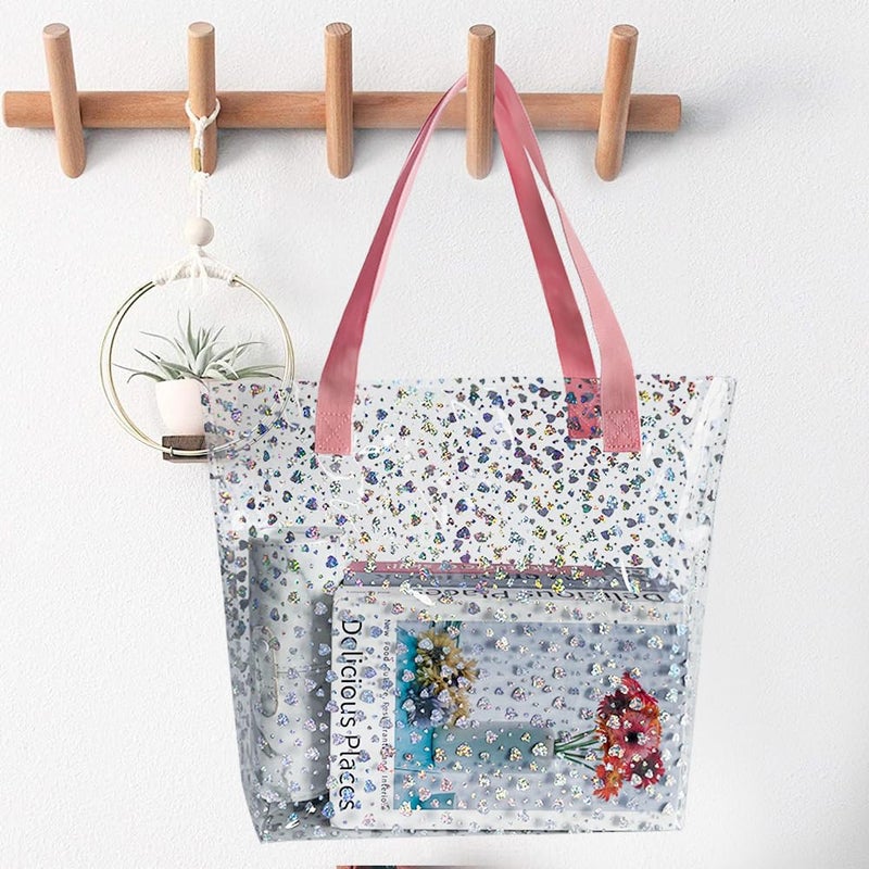 TotePrint Holographic Heart Clear Tote Bag, Waterproof Beach Bag with Pink Handles, Large 11.8"x12.2"x4.3", TSA Compliant (B090-D2045-9(8517-3)) - Image 5