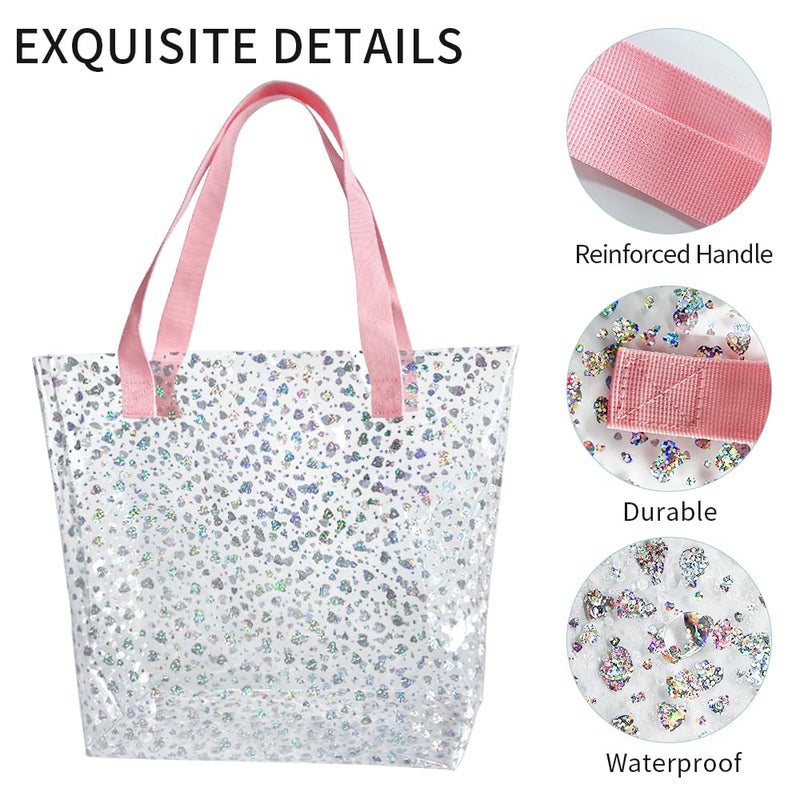 TotePrint Holographic Heart Clear Tote Bag, Waterproof Beach Bag with Pink Handles, Large 11.8"x12.2"x4.3", TSA Compliant (B090-D2045-9(8517-3)) - Image 4