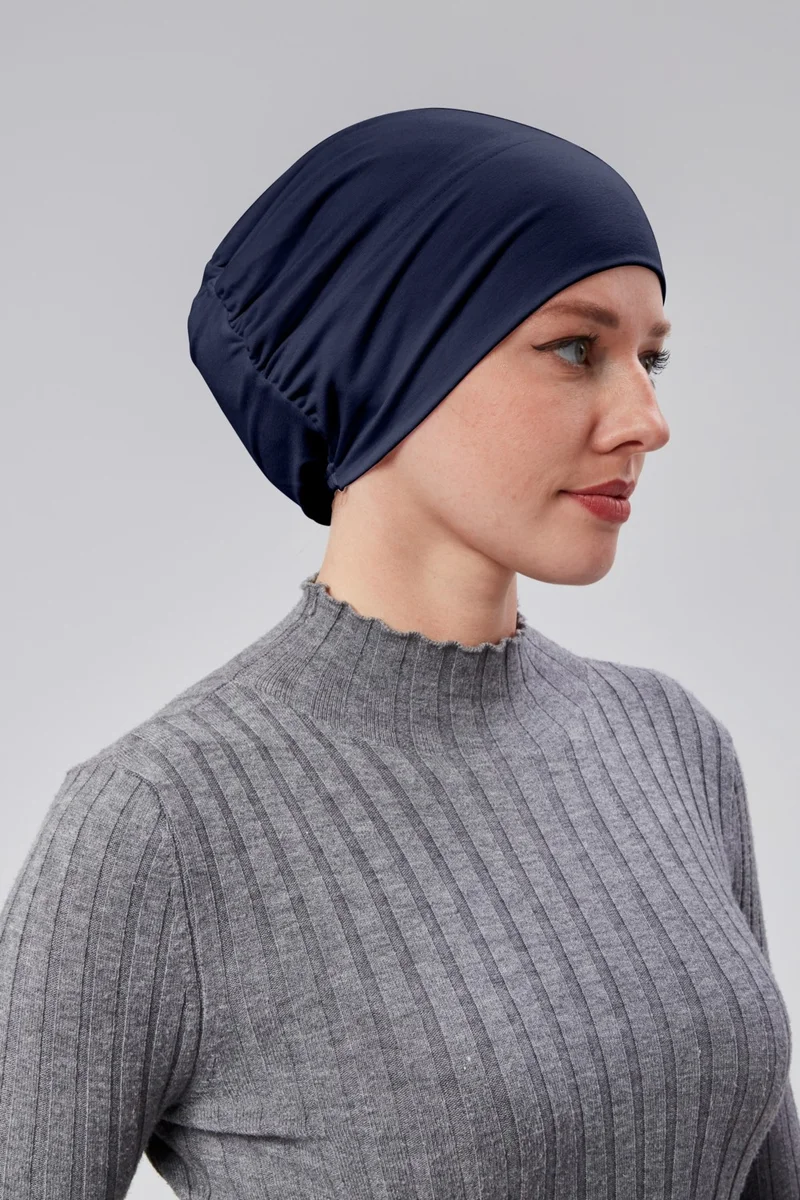 سونباهار مودا Autumn Fashion Women's Hijab Ready Practical Snap-On Bonnet Elastic Non-Slip Navy Blue