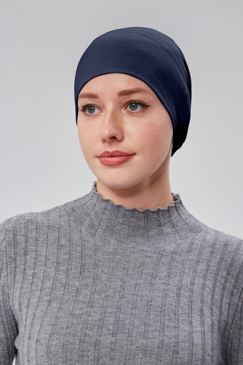 سونباهار مودا Autumn Fashion Women's Hijab Ready Practical Snap-On Bonnet Elastic Non-Slip Navy Blue
