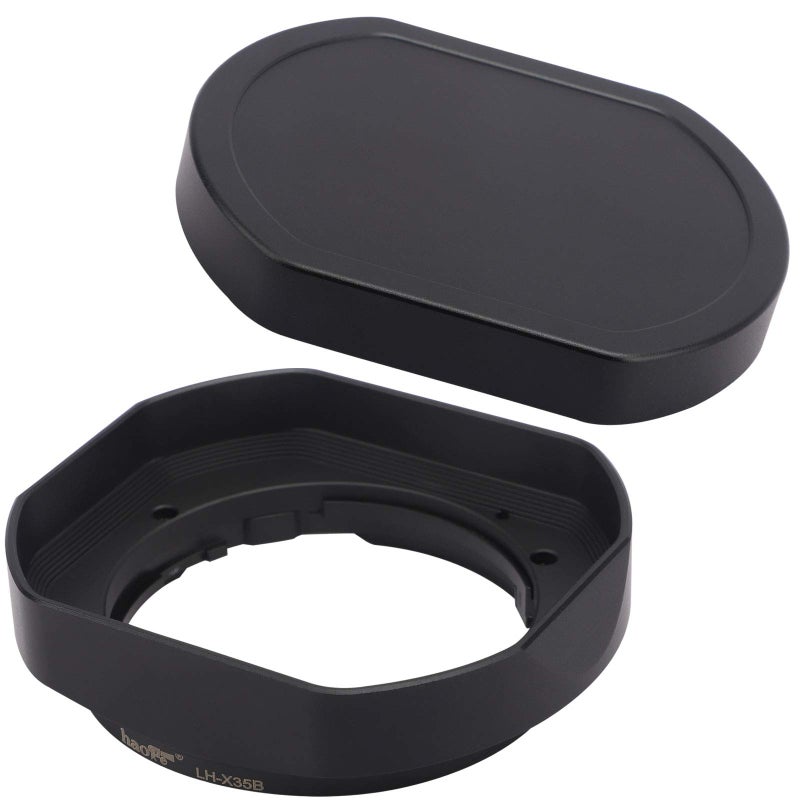 Haoge LH-X35B Metal Square Bayonet Lens Hood for Fujinon XF35mmF2 R WR XF23mmF2 R WR XC 35mm F2 (XC35mmF2), Fuji 35mm F2 Hood, 23mm F2 Lense Hood, with Metal Front Cap, Replaces LH XF35 2 Hood - Image 1