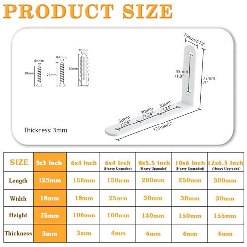 Alise Floating Shelf Brackets,L Brackets for Shelves Heavy Duty Shelving Brackets Stainless Steel Corner Brace Angle Bracket for Wood,5x3 Inch Wall Shelf Bracket White,Pack of 4 - Image 2