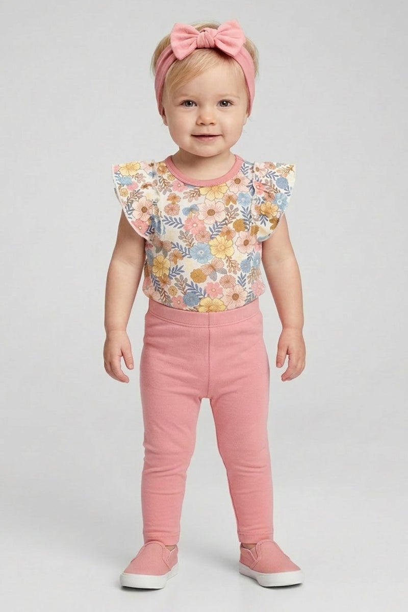Dream Gro Toddlers Girl 3 Pieces Bodysuit And Leggings Set With Headband, Multicolor - Image 1